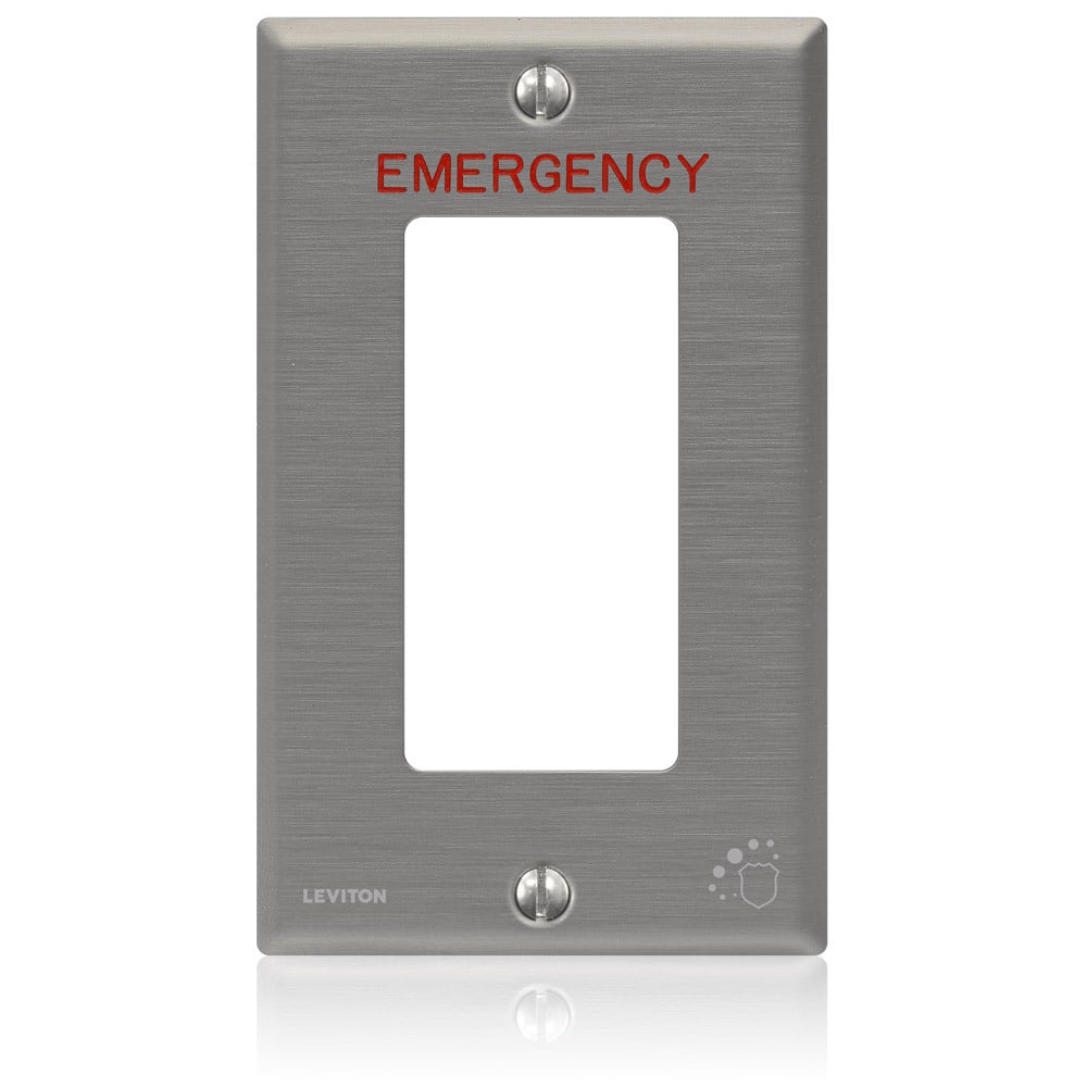 One Gang Stainless Steel, Decora Plate W/ "Emergency" In Red Lettering 3/16" High Letters, Satin Finish, With Wallplate Screws. Antimicrobial Treated Clear Powder Coated. Fill Engraving With Red Paint.