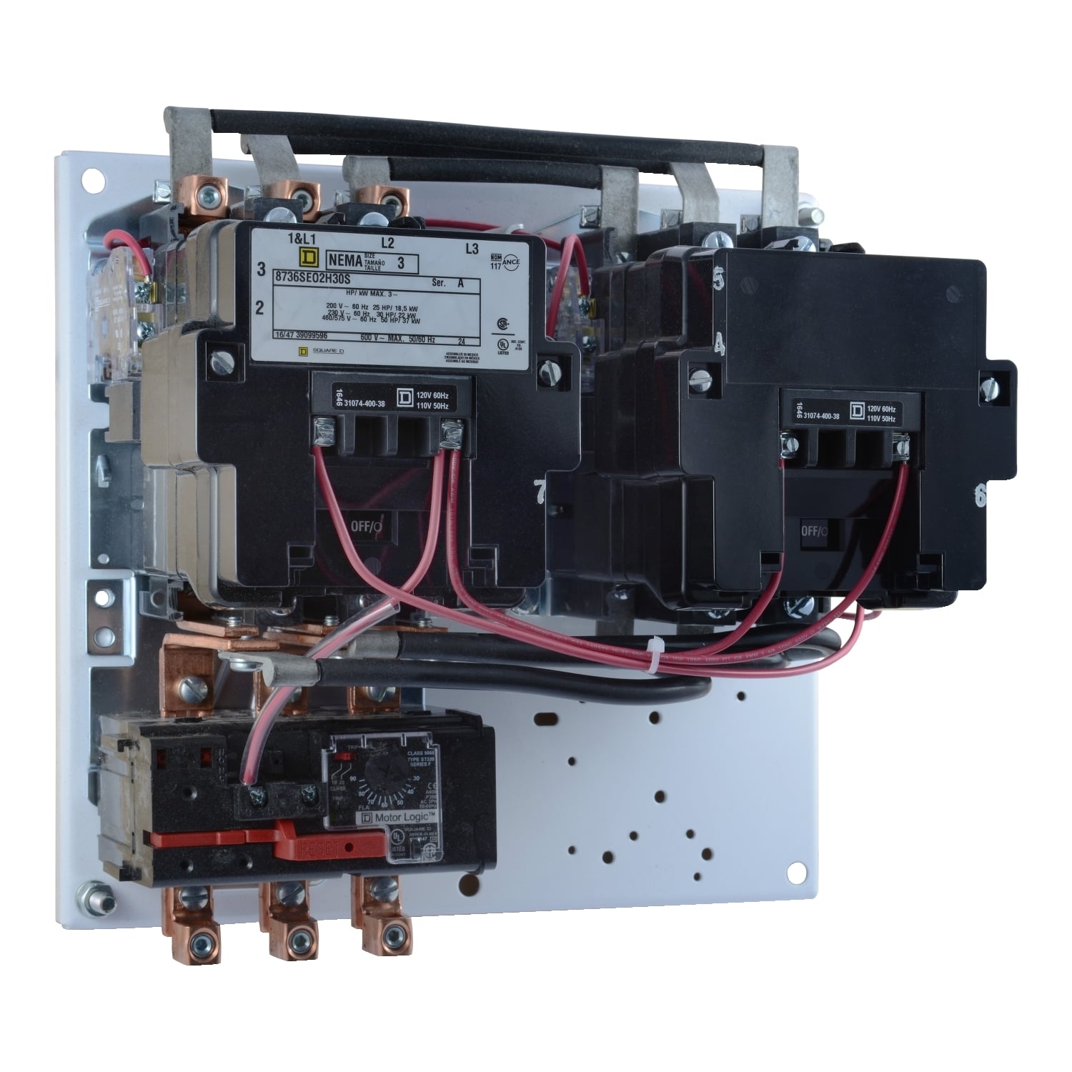 NEMA starter, Type S, reversing, horizontal, Size 3, 90A, 50HP at 575VAC, up to 100kA SCCR, 3 phase, 3 pole, Motor Logic SSOLR, 120VAC coil, open [TAA]