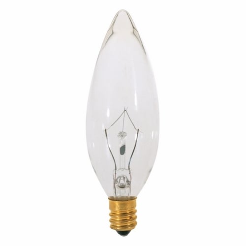 Incandescent Decorative Lamp, Designation: 15BA9 1/2, 130 V, 15 WTT, BA9 1/2 Shape, E12 Candelabra Base, Clear, C-7A Filament, 2500 HR, Lumens: 114 LM Initial, 3-1/2 IN Length, 1-3/16 IN Diameter