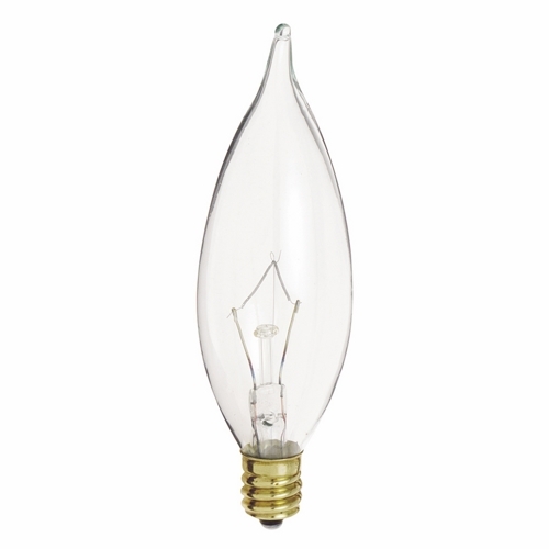 Incandescent Decorative Lamp, Designation: 60CA10, 130 V, 60 WTT, CA10 Shape, E12 Candelabra Base, Clear, CC-2V Filament, 2500 HR, Lumens: 642 LM Initial, 4-1/4 IN Length, 1-1/4 IN Diameter