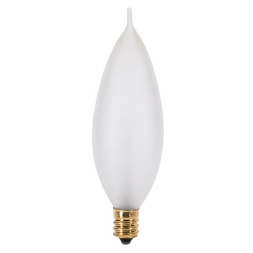 Incandescent Decorative Lamp, Designation: 60CA10/F, 130 V, 60 WTT, CA10 Shape, E12 Candelabra Base, Frosted, CC-2V Filament, 2500 HR, Lumens: 635 LM Initial, 4-1/4 IN Length, 1-1/4 IN Diameter