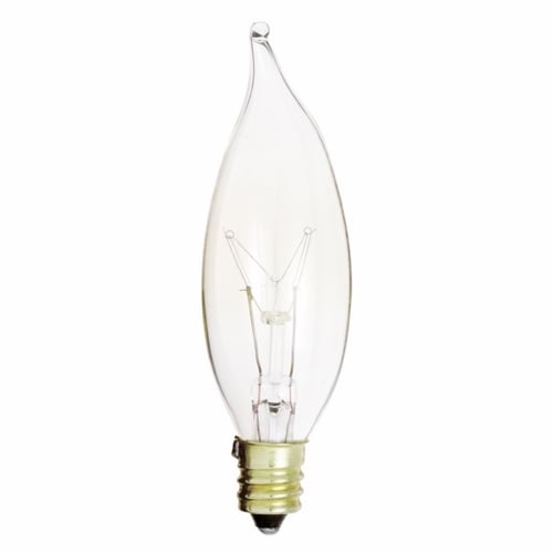 Incandescent Decorative Lamp, Designation: 15CA8, 130 V, 15 WTT, CA8 Shape, E12 Candelabra Base, Clear, C-7A Filament, 2500 HR, Lumens: 95 LM Initial, 3-5/8 IN Length, 1 IN Diameter