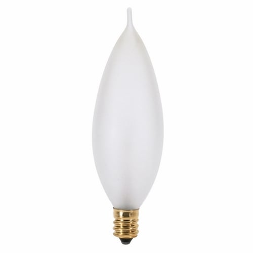Incandescent Decorative Lamp, Designation: 40CA9 1/2/F, 130 V, 40 WTT, CA9 1/2 Shape, E12 Candelabra Base, Frosted, CC-2V Filament, 2500 HR, Lumens: 350 LM Initial, 3-15/16 IN Length, 1-3/16 IN Diameter