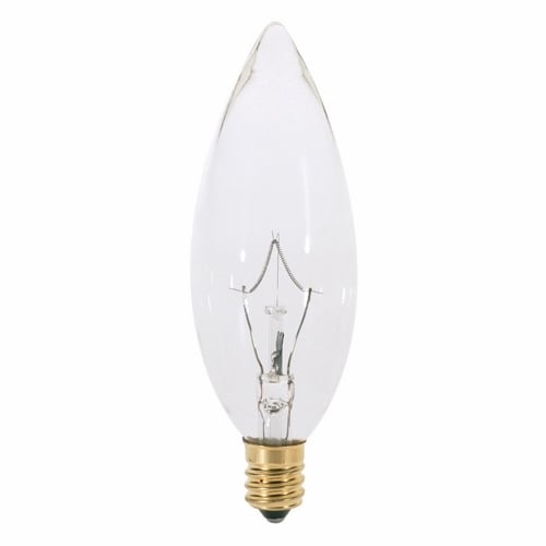 Incandescent Decorative Lamp, Designation: 40BA9 1/2, 130 V, 40 WTT, BA9 1/2 Shape, E12 Candelabra Base, Clear, CC-2V Filament, 2500 HR, Lumens: 384 LM Initial, 3-1/2 IN Length, 1-3/16 IN Diameter
