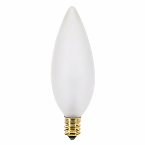 Incandescent Decorative Lamp, Designation: 25BA9 1/2/F, 130 V, 25 WTT, BA9 1/2 Shape, E12 Candelabra Base, Frosted, CC-2V Filament, 2500 HR, Lumens: 193 LM Initial, 3-1/2 IN Length, 1-3/16 IN Diameter