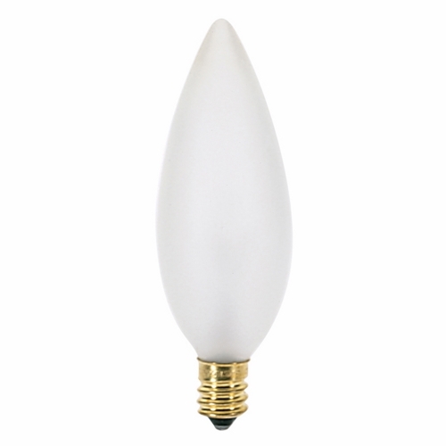 Incandescent Decorative Lamp, Designation: 40BA9 1/2/F, 130 V, 40 WTT, BA9 1/2 Shape, E12 Candelabra Base, Frosted, CC-2V Filament, 2500 HR, Lumens: 384 LM Initial, 3-1/2 IN Length, 1-3/16 IN Diameter