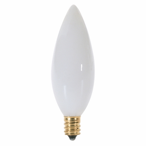 Incandescent Decorative Lamp, Designation: 25BA9 1/2/W, 130 V, 25 WTT, BA9 1/2 Shape, E12 Candelabra Base, Gloss White, CC-2V Filament, 2500 HR, Lumens: 163 LM Initial, 3-1/2 IN Length, 1-3/16 IN Diameter