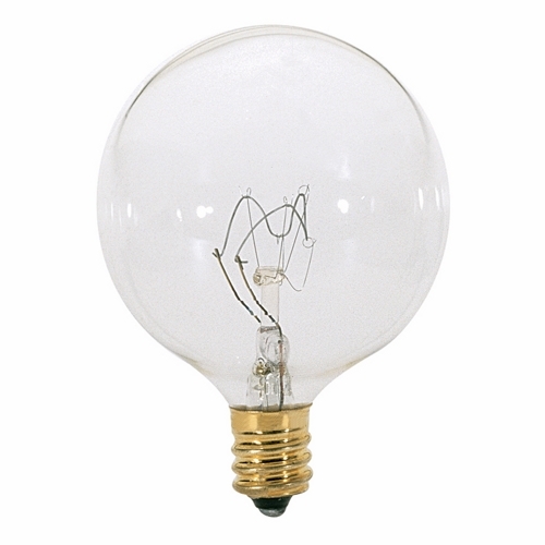Incandescent Globe Lamp, Designation: 25G16 1/2, 130 V, 25 WTT, G16 1/2 Shape, E12 Candelabra Base, Clear, C-7A Filament, 2500 HR, Lumens: 186 LM Initial, 3 IN Length, 2-1/16 IN Diameter