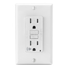 15 Amp. 125 Volt Receptacle. 20 Amp Feed-Through. Tamper-Resistant Slim Series GFCI with Audible Trip Alert. Monochromatic. Back and side wired. Nylon wallplate. Screws and self-grounding clip included  Light Almond