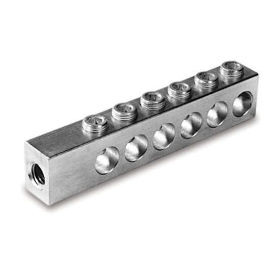 Aluminum Screw-On Transformer Connectors - ABS In-line, single-line bar, cable range 12-350, length 7-1/4 inch, Uses boot no. SB 11, stud size 5/8, outlets 6