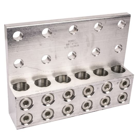 Aluminum Transformer Spade Connectors - ABT Double Set Screws Series, conductor range 1/0-750, length 8-1/4 in, mounting holes 10, outlets 6