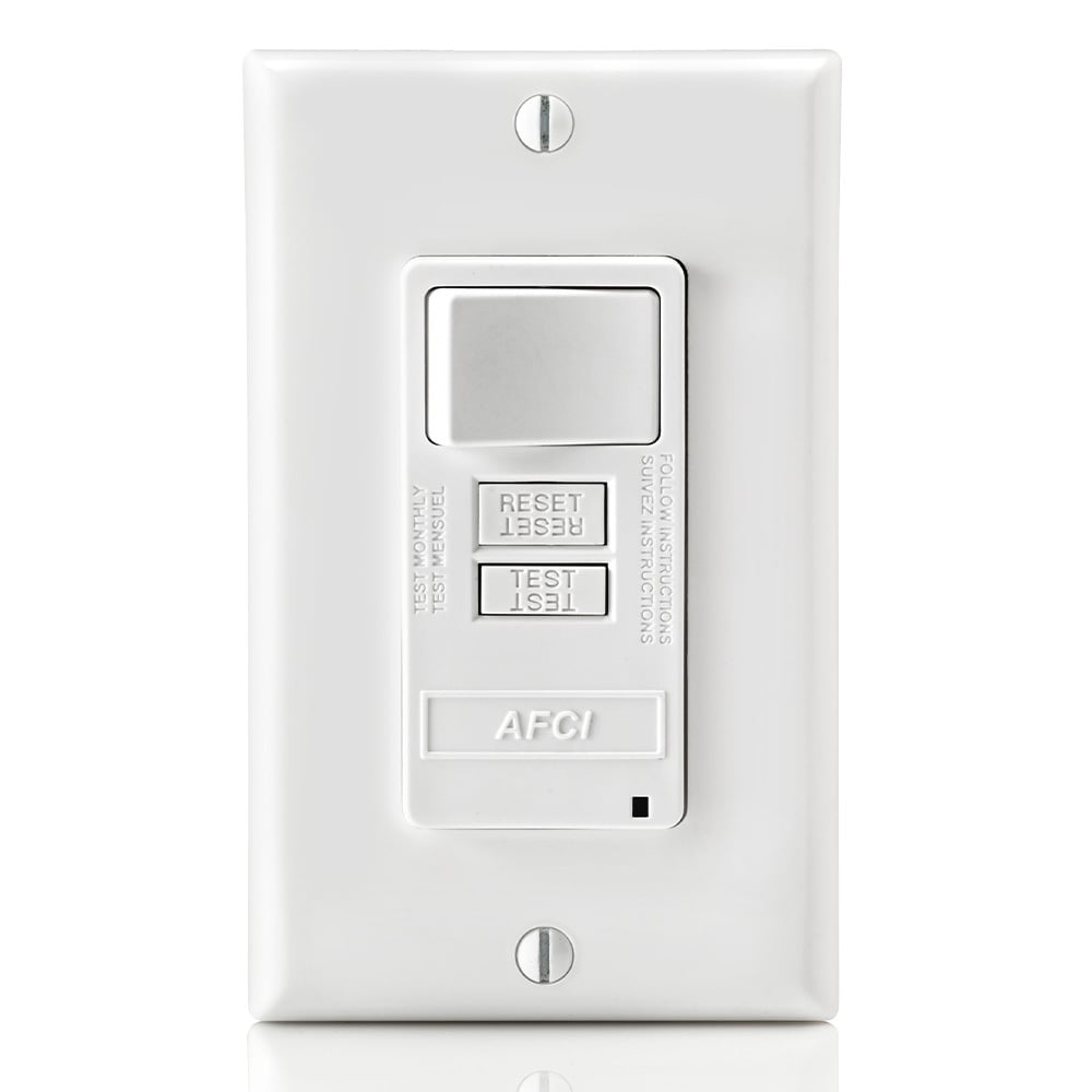 15 Amp Switch. 20 Amp Feed-Through. 125 Volt OBC AFCI with Switch. Monochromatic. Back and side wired. Wallplate sold separately. Self-grounding clip included - White
