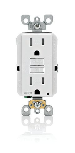 15A-125V. Nema 5-15R. Tamper Resistant AFCI Receptacle. 20A-125V Feed-through. W/White Test And Reset Buttons. W/mounting Screw and Self-ground Clip. Less Wallplate - White