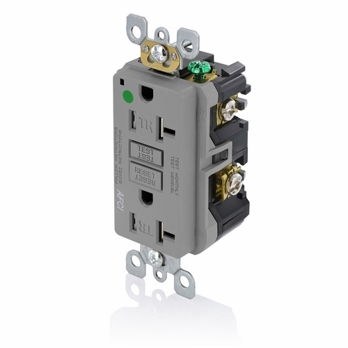 20 Amp. 125 Volt. 20 Amp Feed-Through. Hospital Grade. Tamper-Resistant. AFCI Receptacle. Monochromatic. Back and side wired. Nylon wallplate included. Screws and self grounding clip included  Gray