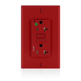 20 Amp. 125 Volt. 20 Amp Feed-Through. Hospital Grade. Tamper-Resistant. AFCI Receptacle. Monochromatic. Back and side wired. Nylon wallplate included. Screws and self grounding clip included  Red