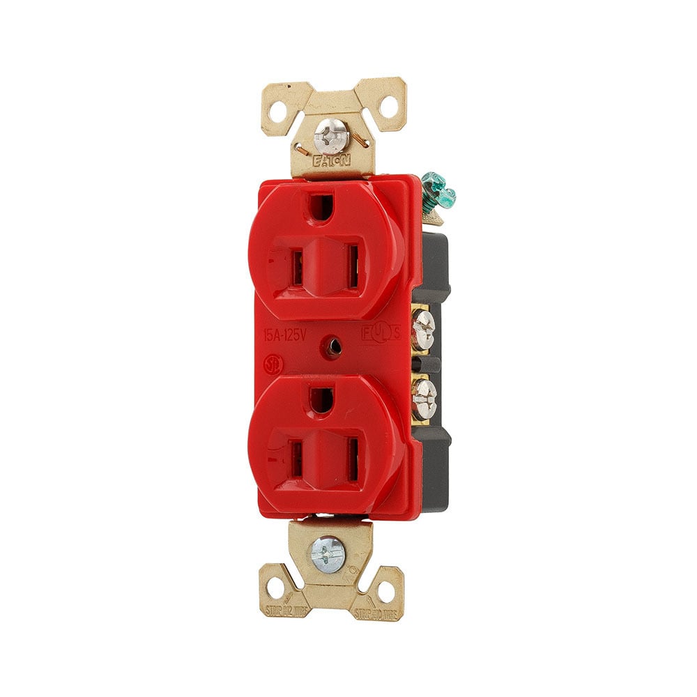 Eaton Arrow Hart extra heavy-duty industrial specification grade duplex receptacle, #14-10 AWG, 15A, Industrial, Flush, 125V, Back and side, Red, Brass, Nylon, 5-15R, Duplex, Screw, Nylon, Core pack