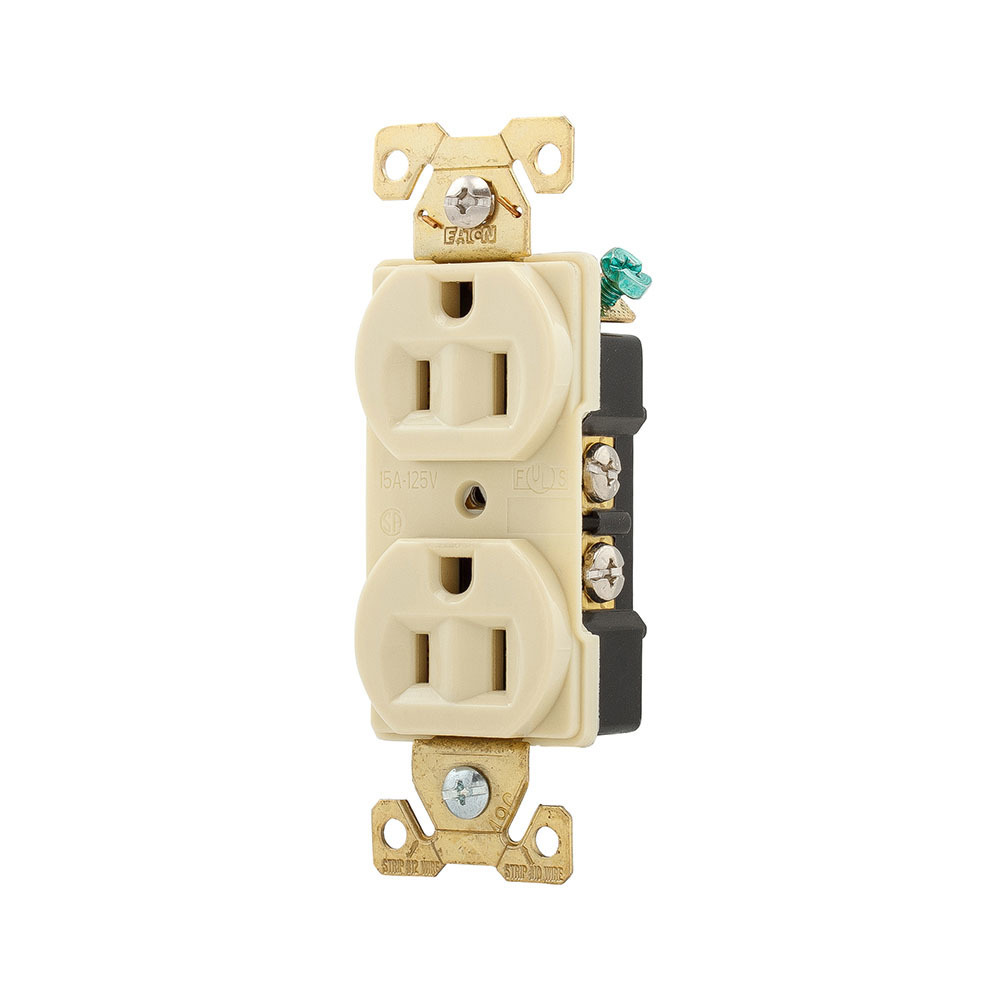 Eaton Arrow Hart extra heavy-duty industrial specification grade duplex receptacle, #14-10 AWG, 15A, Industrial, Flush, 125V, Back and side, Ivory, Brass, Nylon, 5-15R, Duplex, Screw, Nylon, Core pack