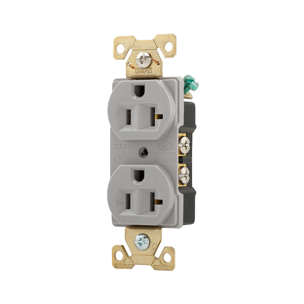 Eaton Arrow Hart extra heavy-duty industrial specification grade duplex receptacle, #14-10 AWG, 20A, Industrial, Flush, 125V, Back and Side, Gray, Brass, Nylon, 5-20R, Duplex, Screw, Nylon, Core pack