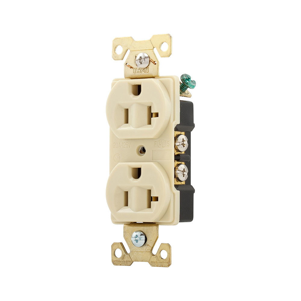 Eaton Arrow Hart extra heavy-duty industrial specification grade duplex receptacle, #14-10 AWG, 20A, Industrial, Flush, 125V, Back and Side, Ivory, Brass, Nylon, 5-20R, Duplex, Screw, Nylon, Core pack