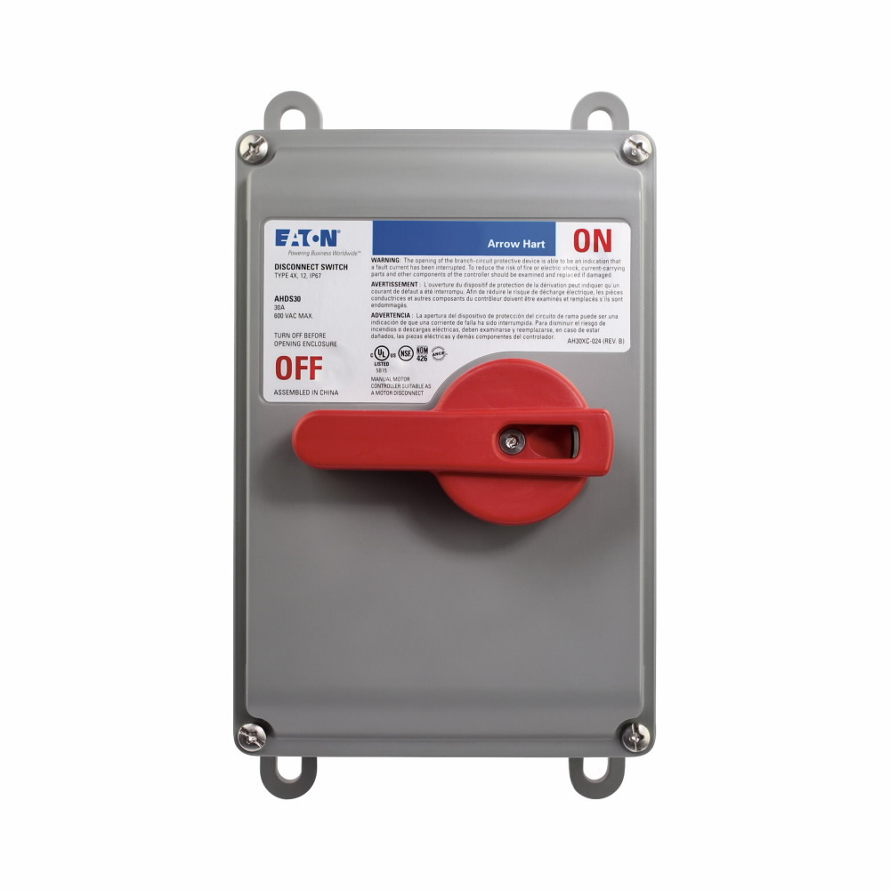 Eaton motor control disconnect switch, #14-10 AWG, 30A, Industrial, Mounting feet/DIN rail, flush or 1/4" spacing, 600V, Gray, NEMA 4X, Enclosure: VALOX thermoplastic, Washdown, Three-pole, Three-phase, Rotary switch, Thermoplasti