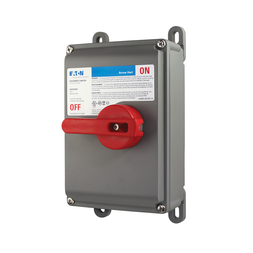 Eaton motor control disconnect switch, #14-10 AWG, 30A, Mounting feet/DIN rail, flush or 1/4" spacing, 600V, Auxiliary contacts for VF drive (early-break), Gray, NEMA 4X, Enclosure: VALOX thermoplastic, Washdown, Three-phase, Rotary