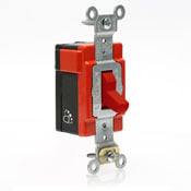 20 Amp, 120/277 Volt, Antimicrobial Treated Toggle, 3-Way AC Quiet Switch, Lev-Lok Modular, Extra Heavy Duty Spec Grade, Self Grounding, Back & Side Wired - RED