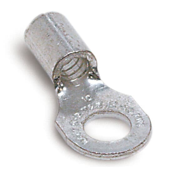 Non-Insulated Ring Terminal, Length .75 Inches, Width .31 Inches, Bolt Hole #10, Wire Range #18-#14 AWG, Copper, Nickel Plated, 1,000 Pack