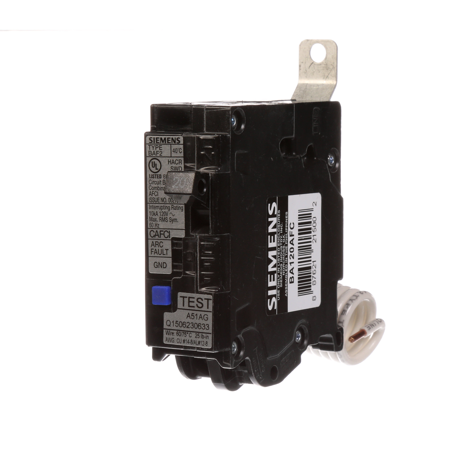  Low Voltage Molded Case Circuit Breakers Panelboard Mounting 240V AFCI Circuit Breakers - 1-Pole, AFCI Combo - BAF, 10KAIC, 120VAC are Circuit Protection Molded Case Circuit Breakers. Sub Brand N/A Type BL Special Features N/A Application Electrical Distribution Standard UL 1699 Voltage Rating 120V Amperage Rating 20A Load Rating N/A Frequency Rating N/A Phase N/A Frame N/A Trip Type N/A Trip Range Thermal Magnetic Interrupt Rating 10 AIC Number Of Poles 1P