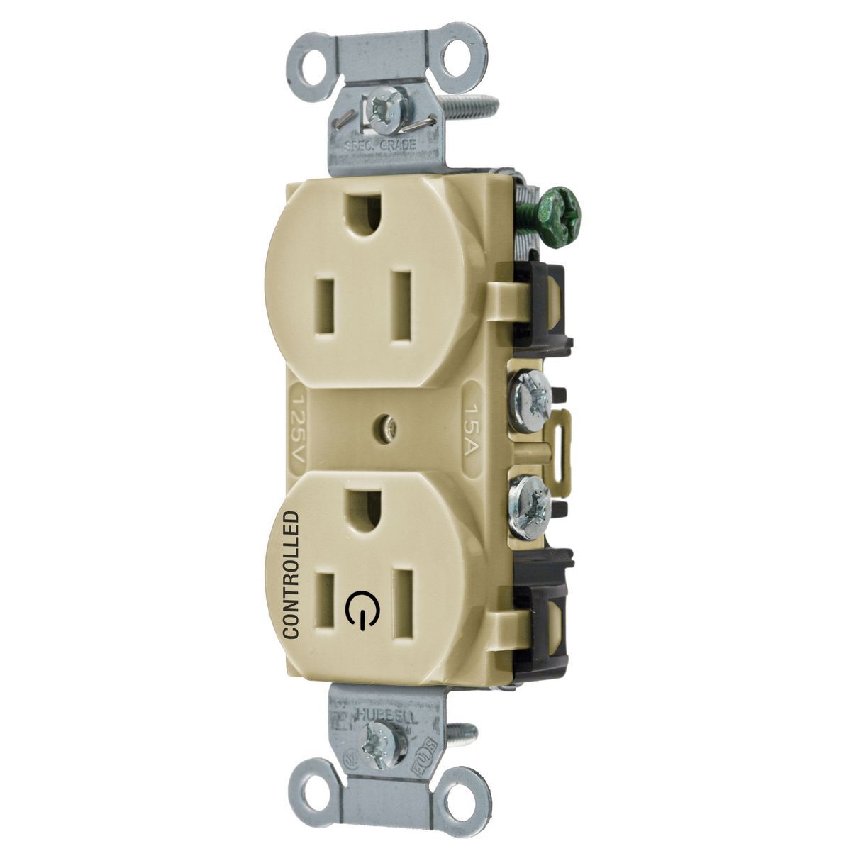Straight Blade Devices, Receptacles, Duplex, 1/2 Load Controlled, 15A 125V, 2-Pole 3-Wire Grounding, Back and Side Wired, Ivory