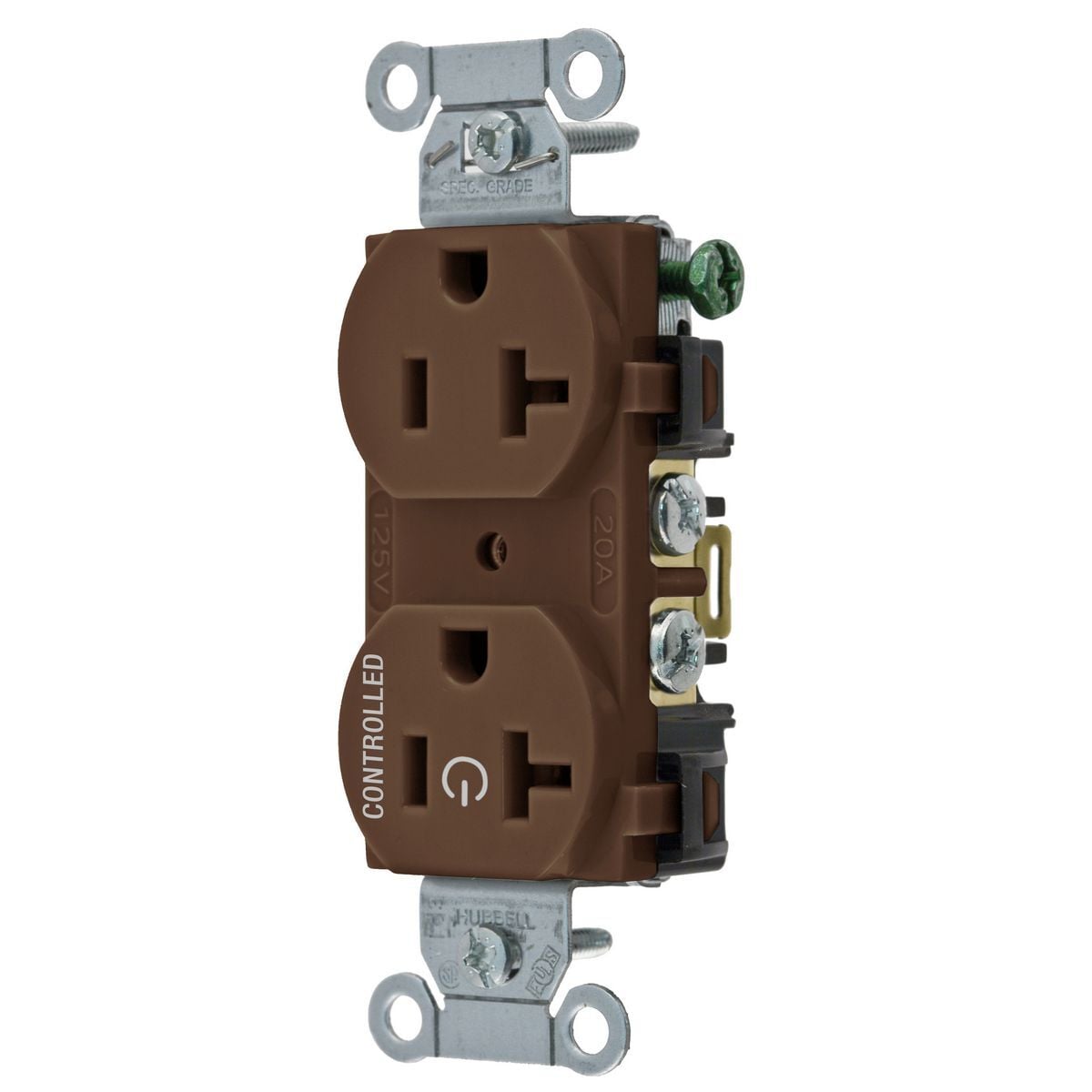 Straight Blade Devices, Receptacles, Duplex, 1/2 Load Controlled, 20A 125V, 2-Pole 3-Wire Grounding, 5-20R, Back and Side Wired, Brown