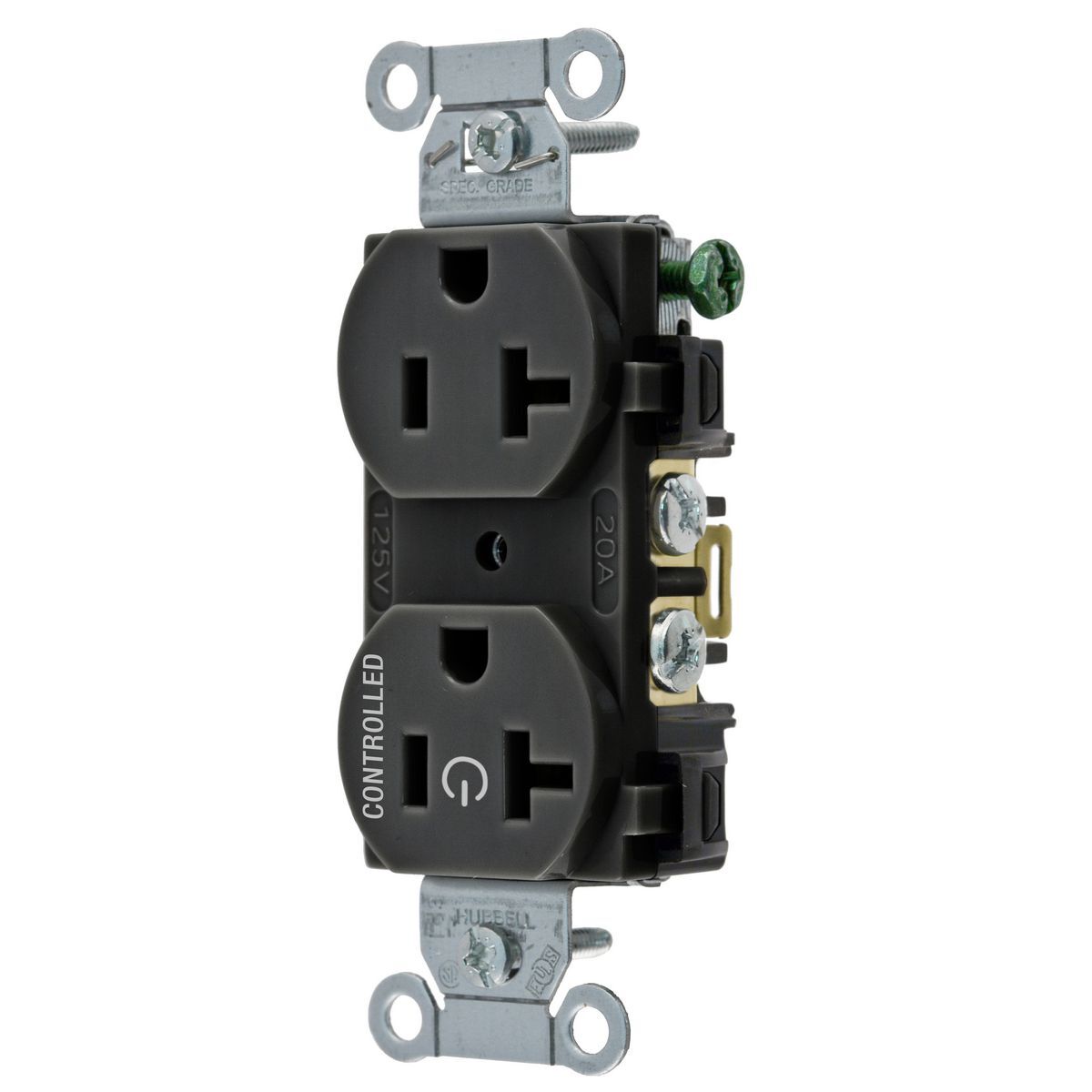 Straight Blade Devices, Receptacles, Duplex, 1/2 Load Controlled, 20A 125V, 2-Pole 3-Wire Grounding, 5-20R, Back and Side Wired, Black