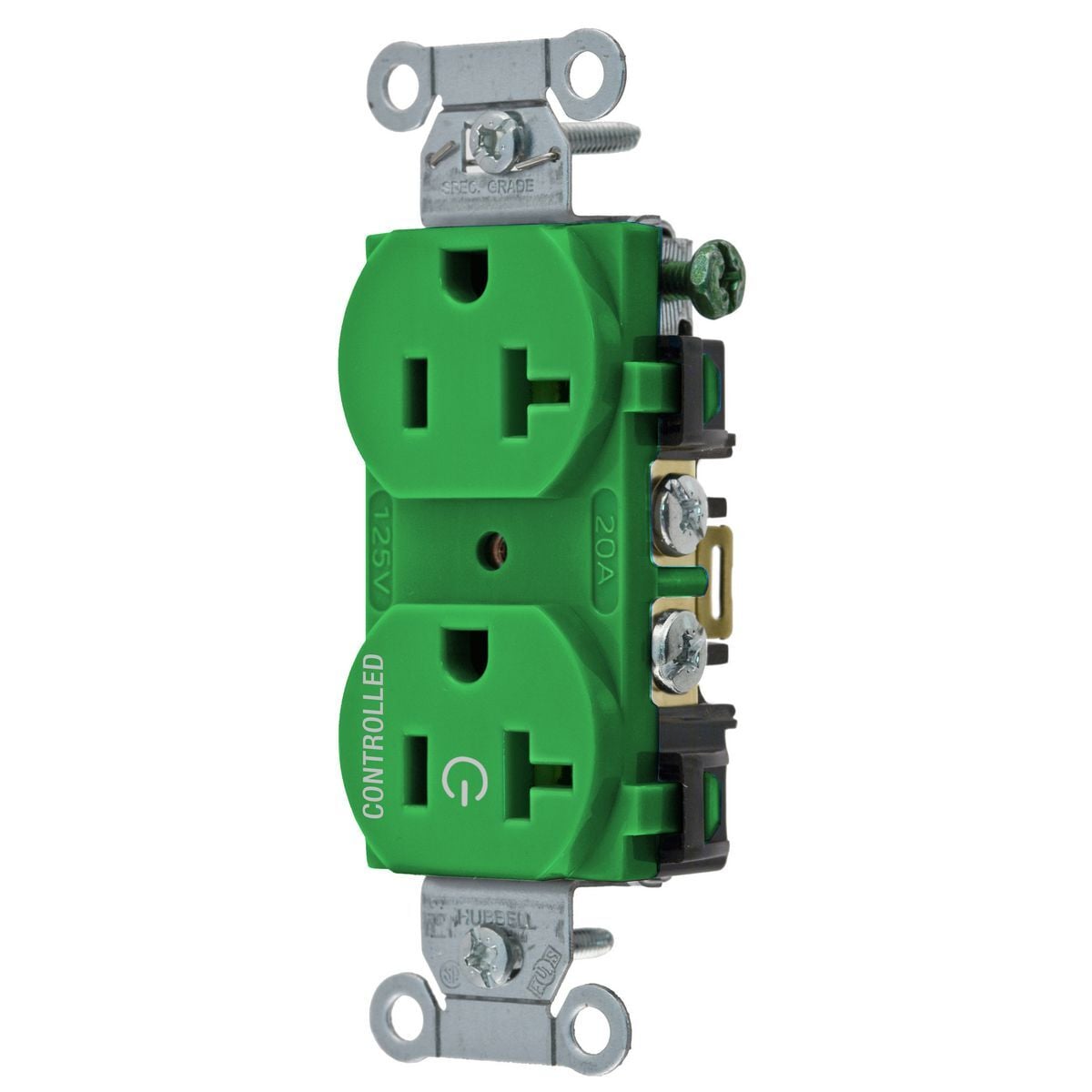 Straight Blade Devices, Receptacles, Duplex, 1/2 Load Controlled, 20A 125V, 2-Pole 3-Wire Grounding, 5-20R, Back and Side Wired, Green