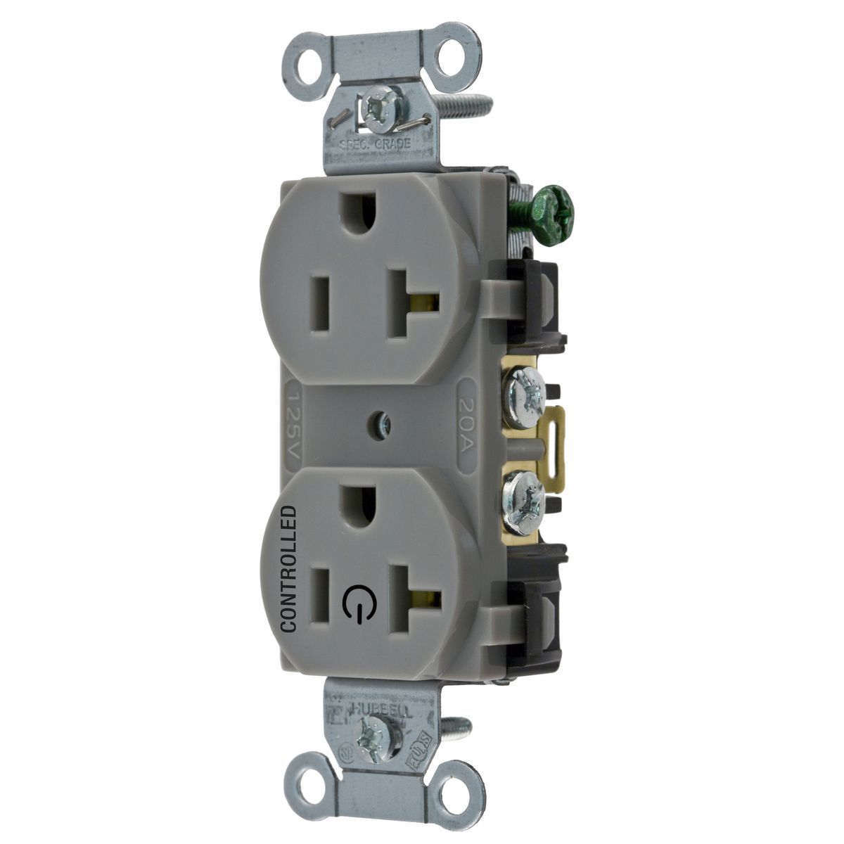Straight Blade Devices, Receptacles, Duplex, 1/2 Load Controlled, 20A 125V, 2-Pole 3-Wire Grounding, 5-20R, Back and Side Wired, Gray