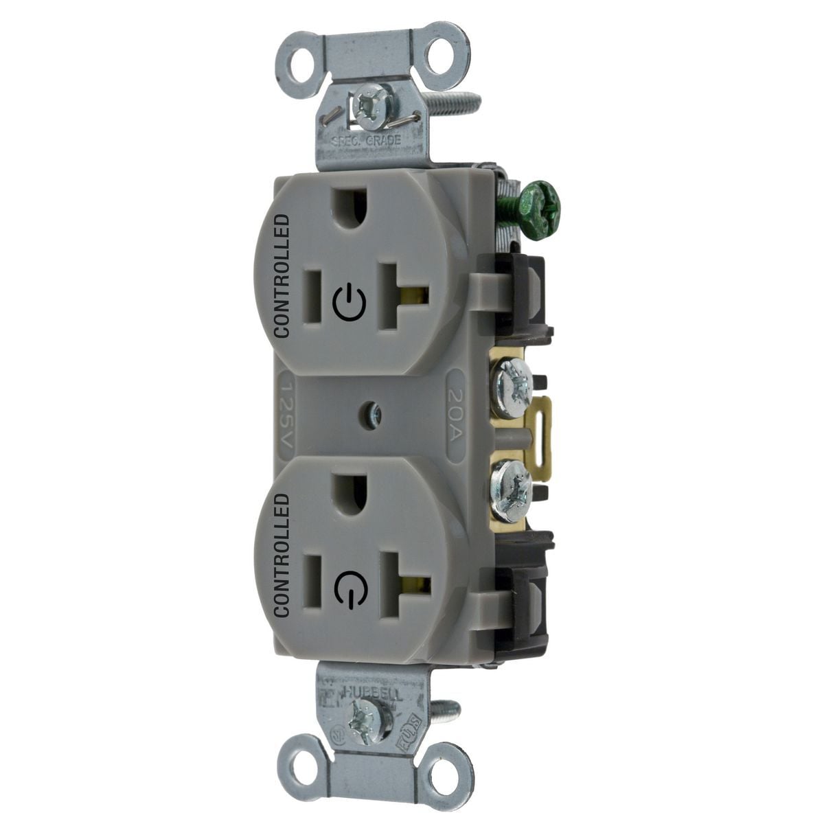 Straight Blade Devices, Receptacles, Duplex, Load Controlled, 20A 125V, 2-Pole 3-Wire Grounding, 5-20R, Back and Side Wired, Gray