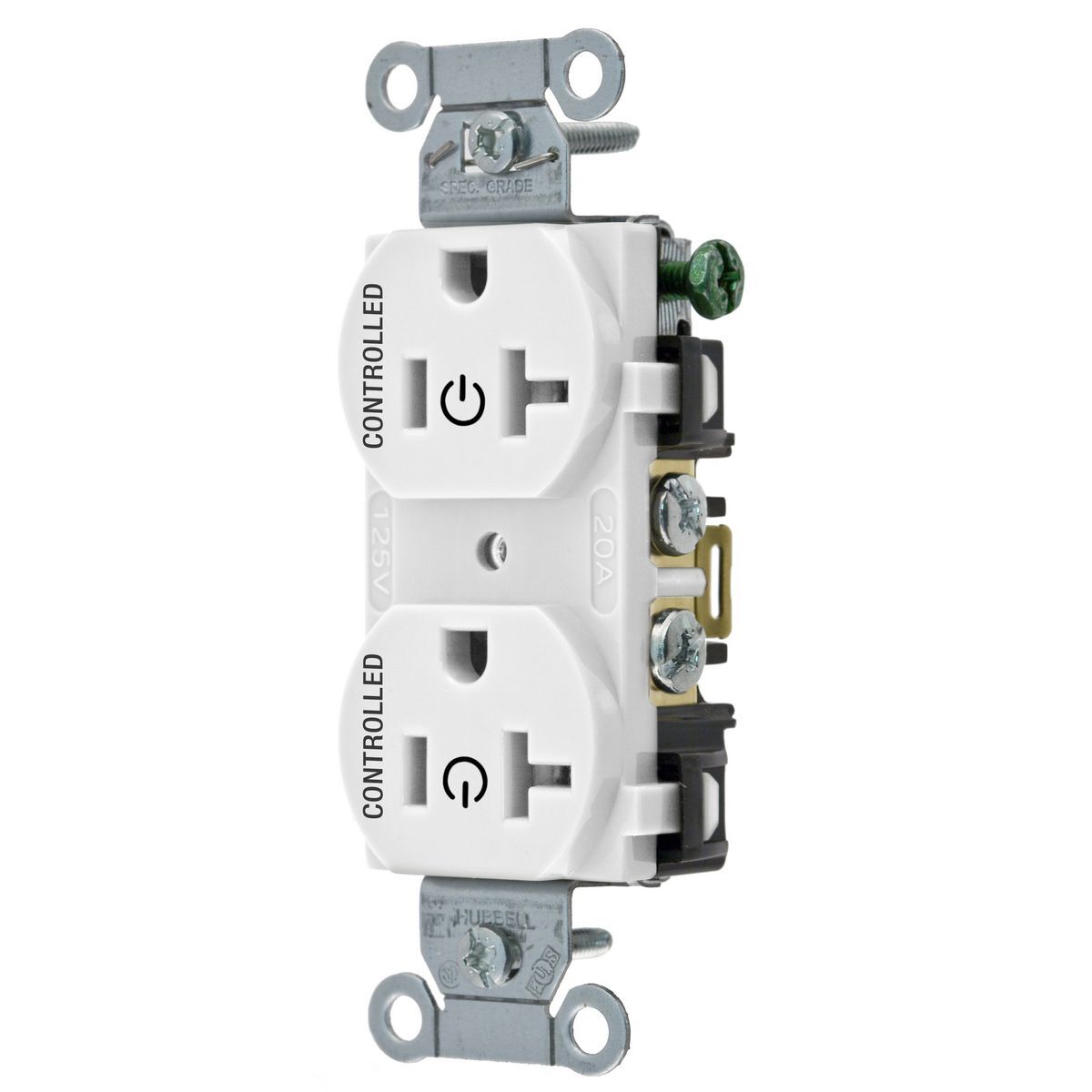 Straight Blade Devices, Receptacles, Duplex, Load Controlled, 20A 125V, 2-Pole 3-Wire Grounding, 5-20R, Back and Side Wired, White