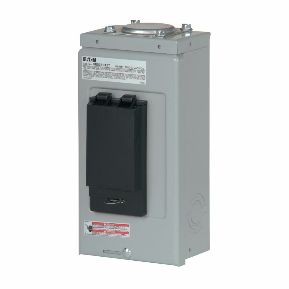 Eaton BR spa panel, Includes factory installed breaker, 40 A, #8-2 Cu/Al 60?C or 75?C, 5R box, NEMA 3R enclosure, Two-pole, ground fault self-test feature