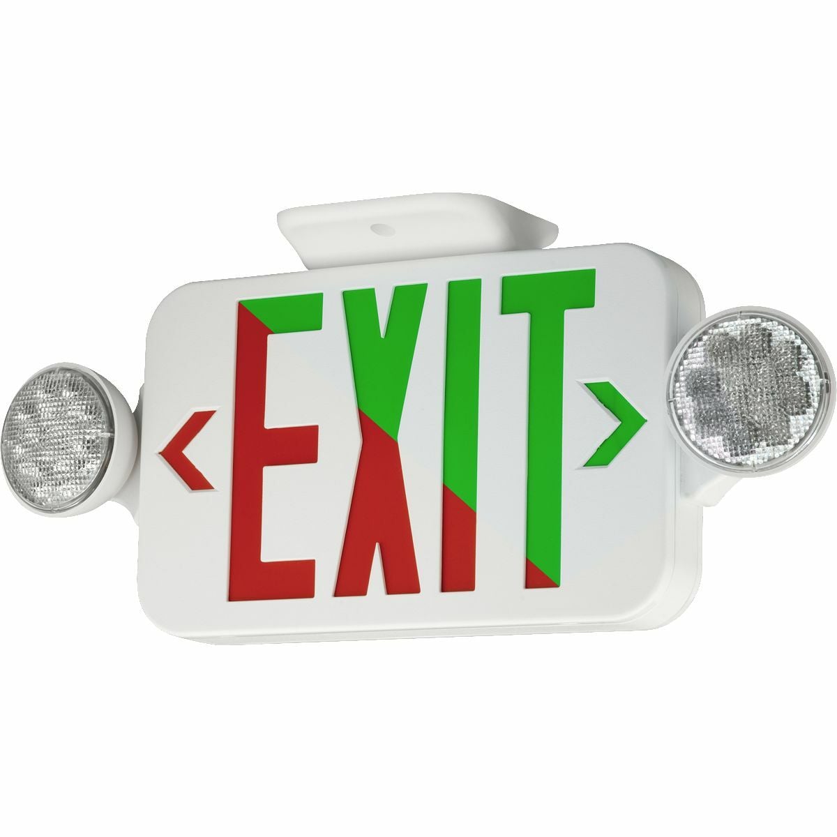 CC LED combination exit/emergency round light, Mounting Type: wall or ceiling mount, Face style: universal face, Wording On Sign: EXIT, Letter Color: green, Color: black, Number of Lamps: 2, Operation: emergency operation, Battery Type: Nickel Cadmium, Battery Runtime: 90 min, Voltage Rating: 120/277 VAC.