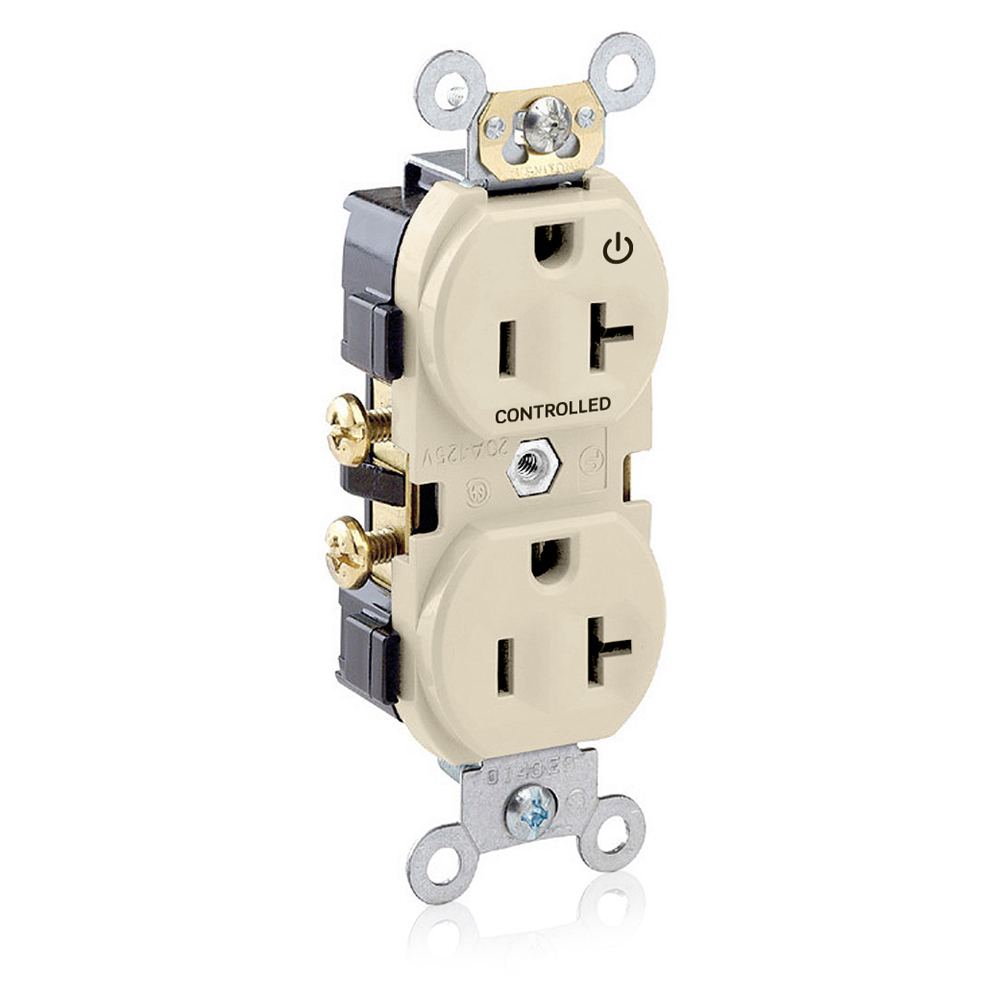 Duplex Receptacle. 2-Pole 3-wire. 20A-125V. Snap On Flat Face Cover. Nema 5-20R. Side Wire Only. Commercial Grade Hot Terminal Split W/1 Plug Controlled Markings - Ivory