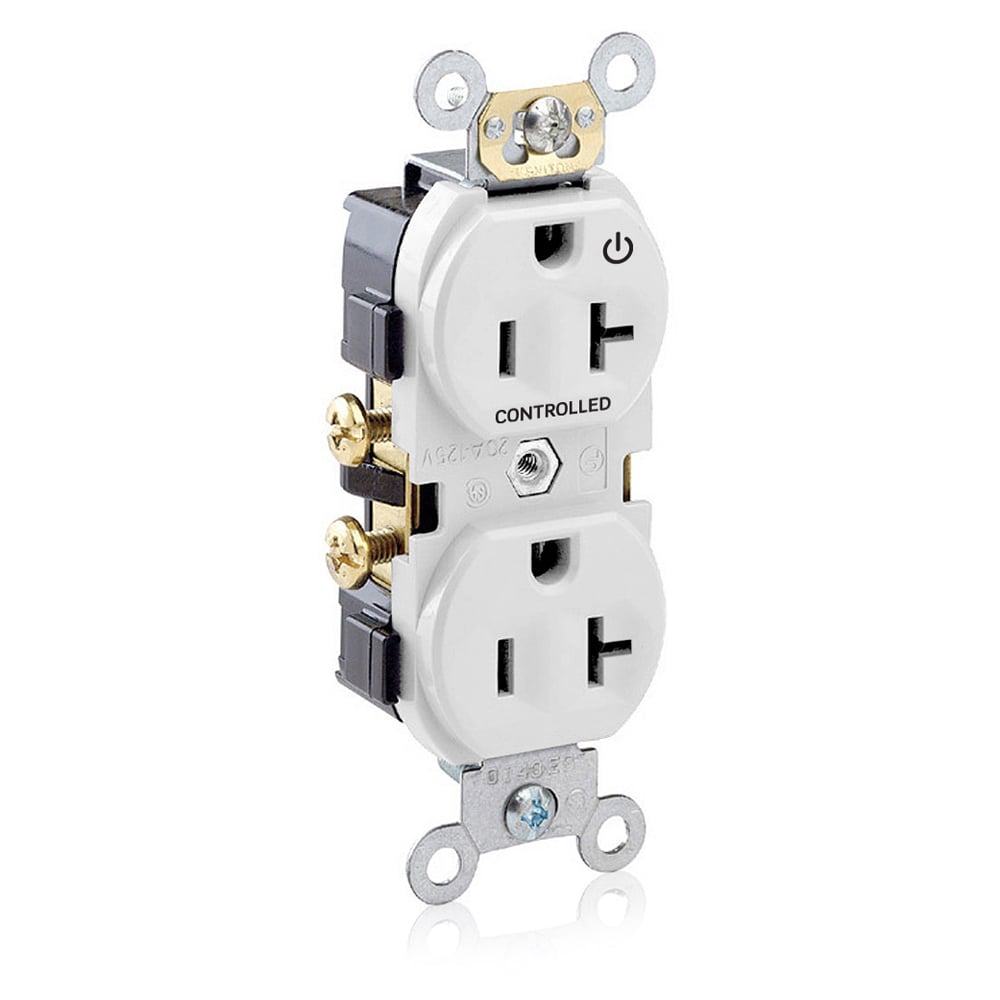 Duplex Receptacle. 2-Pole 3-wire. 20A-125V. Snap On Flat Face Cover. Nema 5-20R. Side Wire Only. Commercial Grade Hot Terminal Split W/1 Plug Controlled Markings - White