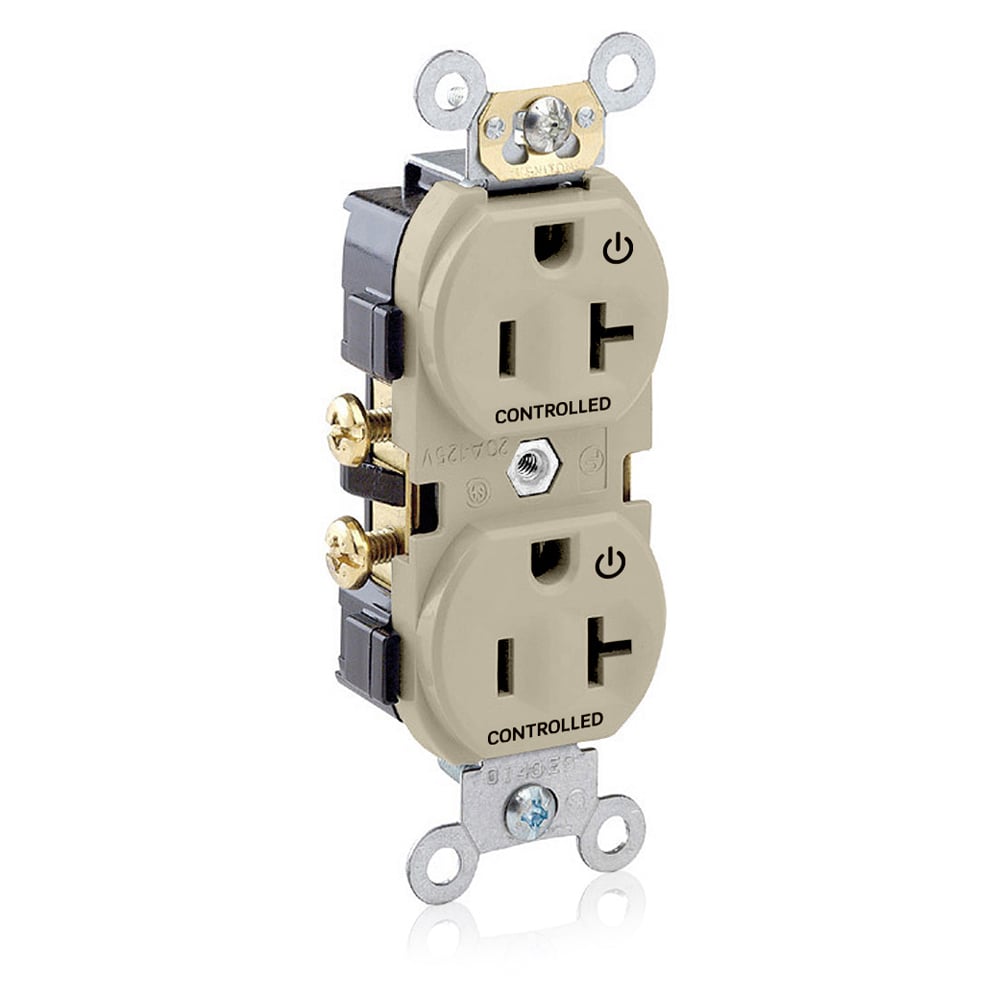 Duplex Receptacle. 2-Pole 3-wire.20A-125V. Snap On Flat Face Cover. Nema 5-20R. Side Wire Only. Commercial Grade 2 Plugs Controlled Markings - Light Almond