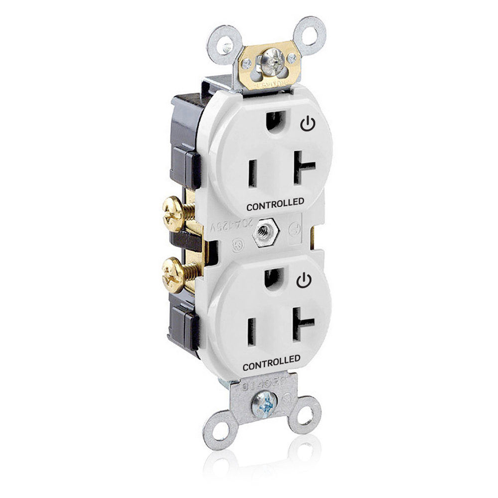 Duplex Receptacle. 2-Pole 3-wire.20A-125V. Snap On Flat Face Cover. Nema 5-20R. Side Wire Only. Commercial Grade 2 Plugs Controlled Markings - White