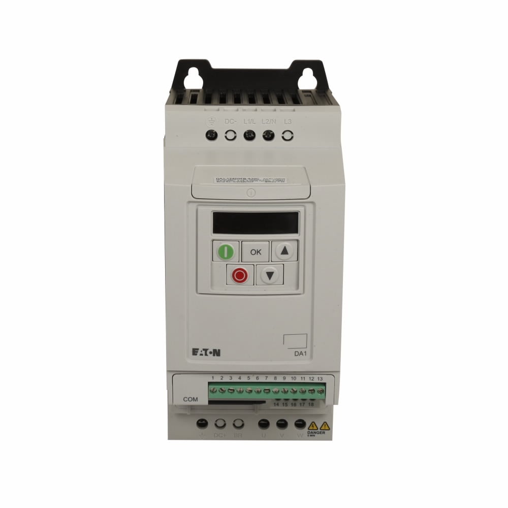Eaton DA-1 VF drive, IP20 NEMA 0, LED display, 2 outputs 5 inputs 240V, Internal brake chopper Single-phase mains connection/three-phase motor connection, RS-485 FR2, 11A Internal RFI filter, 3 Hp