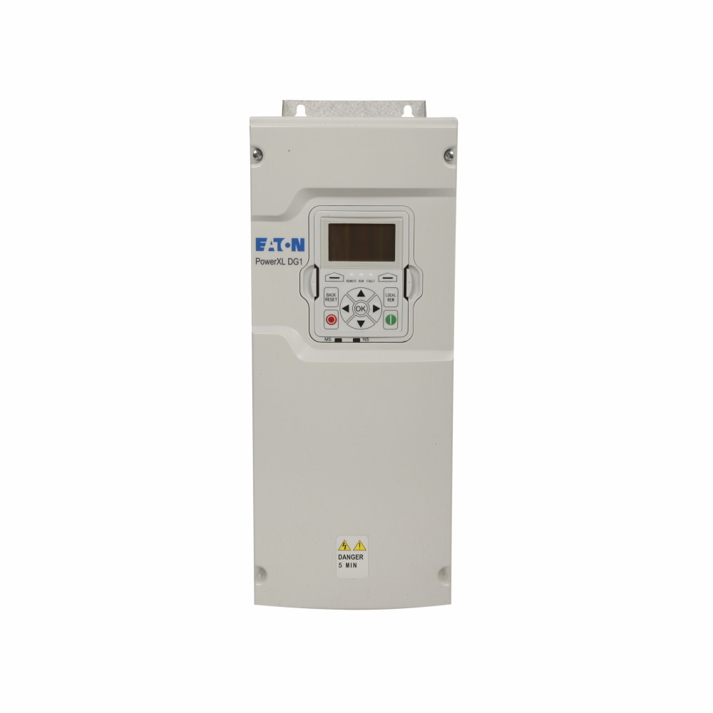 PowerXL DG1 AF Drive, 208-240V input 3.7 kW 5 Hp CT 3-phase 50/60 Hz 17.5A output IP21/type 1 enclosure FR2 LCD display Internal EMC filter & DC choke EtherNet, RS-485, BACnet MS/TP, Modbus TCP & RTU ports 2 expansion slots Brake chopper