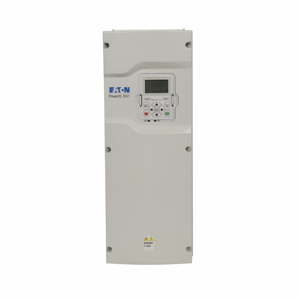 PowerXL DG1 AF Drive, 208-240V input 7.5 kW 10 Hp CT 3-phase 50/60 Hz 31A output IP21/type 1 enclosure FR3 LCD display Internal EMC filter & DC choke EtherNet, RS-485, BACnet MS/TP, Modbus TCP & RTU ports 2 expansion slots Brake chopper