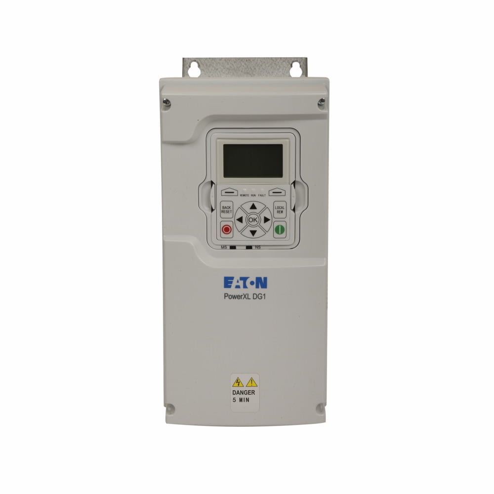 PowerXL DG1 AF Drive, 380-500V input 1.5 kW 2 Hp CT 3-phase 50/60 Hz 4.3A output IP54/type 12 enclosure FR1 LCD display Internal EMC filter & DC choke EtherNet, RS-485, BACnet MS/TP, Modbus TCP & RTU ports 2 expansion slots Brake chopper
