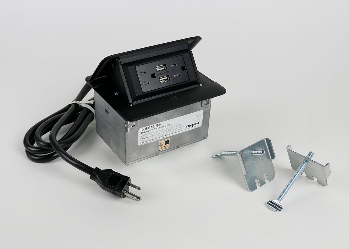 Dequorum; Flip-Up Table Box Series Single Flip-Up Unit With USB; 15 Amp, Steel, Black