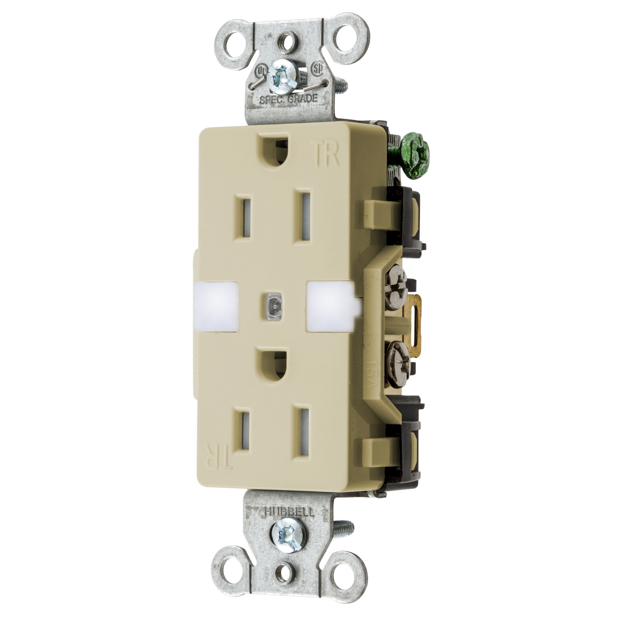 Straight Blade Devices, Receptacle, Tamper Resistant Decorator Duplex, Commercial Grade, 15A 125V, 2-Pole 3- Wire Grounding, 5-15R, With Night Light, Ivory.