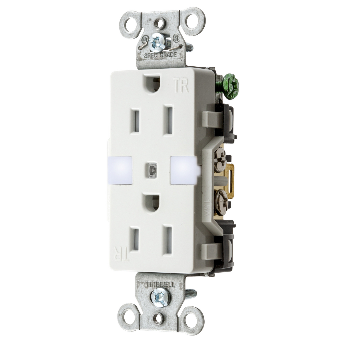 Straight Blade Devices, Receptacle, Tamper Resistant Decorator Duplex, Commercial Grade, 15A 125V, 2-Pole 3- Wire Grounding, 5-15R, With Night Light, White.