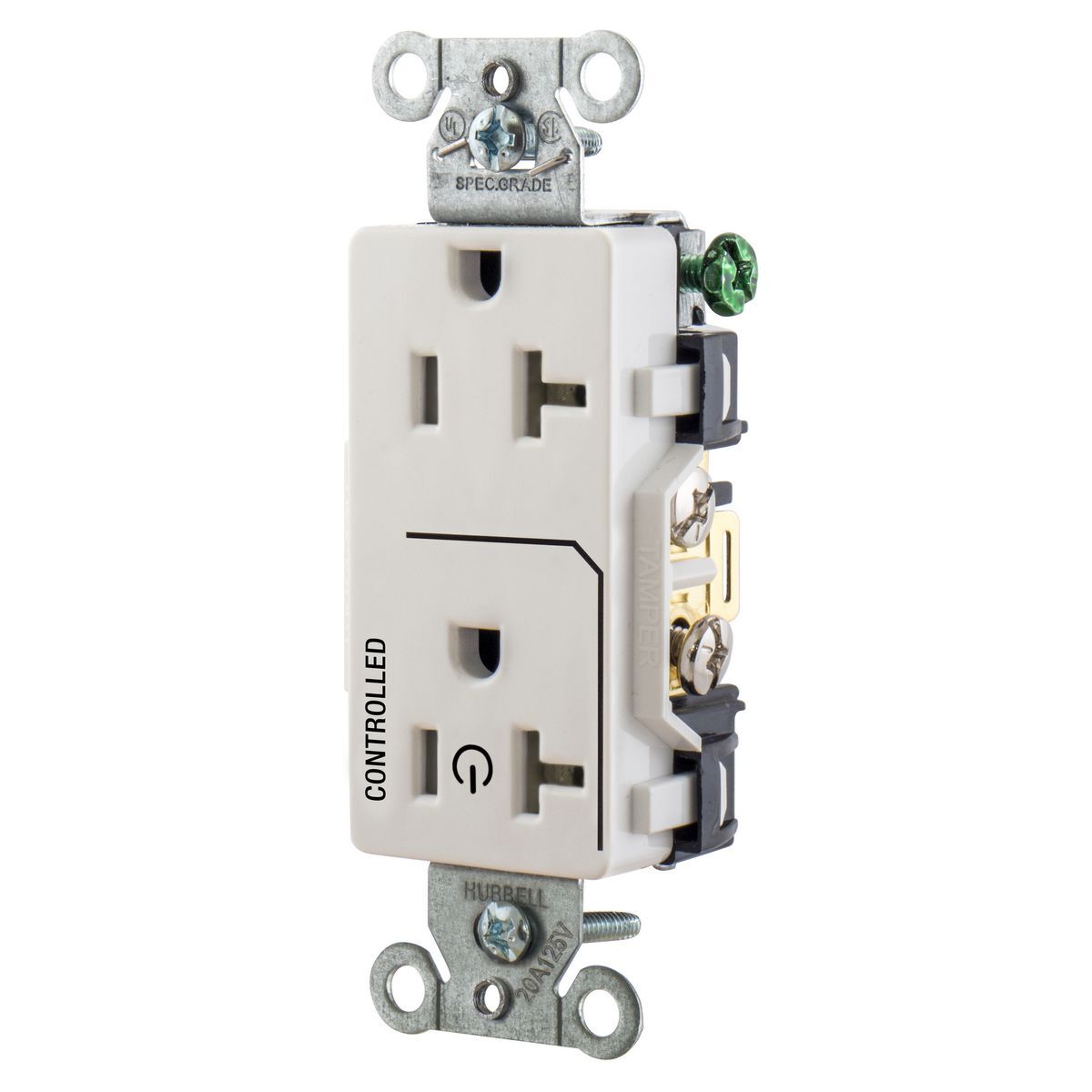 Straight Blade Devices, Receptacles, Decorator Duplex, 1/2 Load Controlled, 20A 125V, 2-Pole 3-Wire Grounding, 5-20R, Back and Side Wired, White