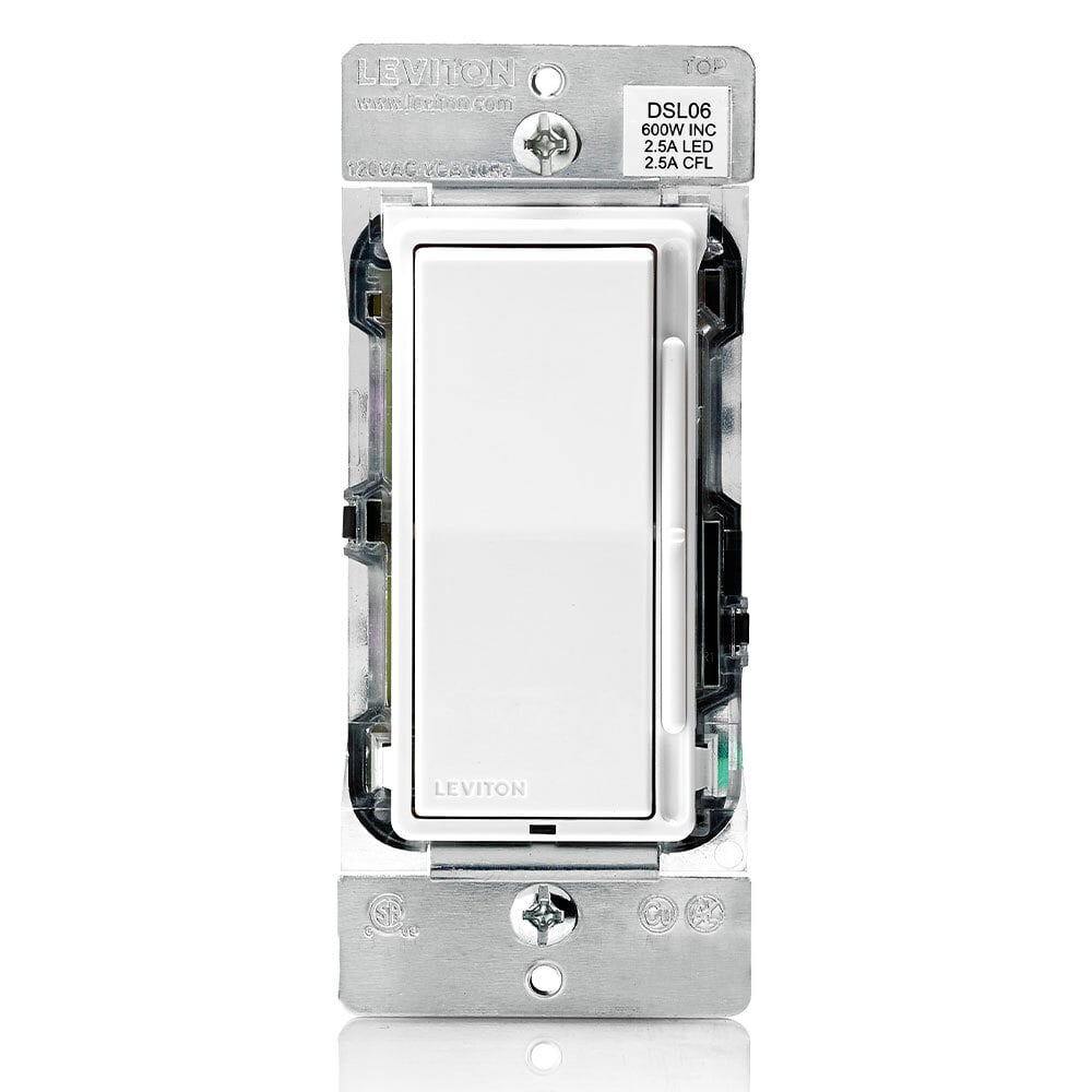Universal Decora Dimmable LED. CFL and Incandescent Rocker-Slide Dimmer. 600W-120VAC Incandescent. 300W-120VAC Dimmable LED and CFL. 60Hz. Single Pole and 3-Way - White. Ivory And Light Almond